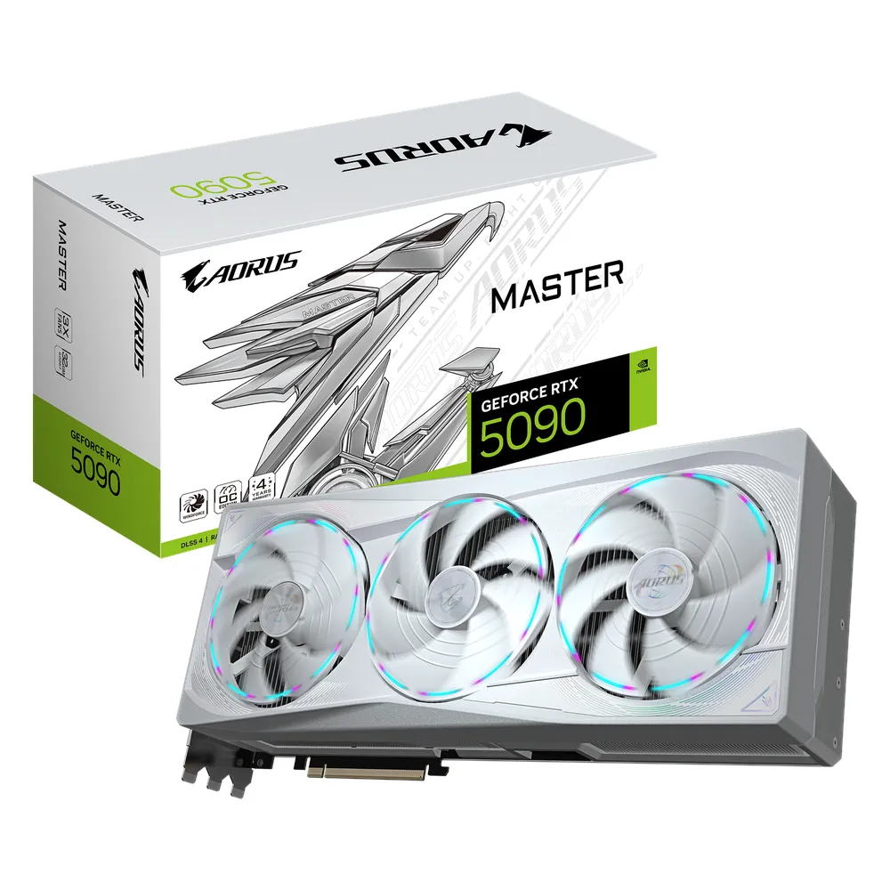 Gigabyte AORUS MASTER ICE GeForce RTX 5090 Graphics Card, GDDR7 32GB 512-bit Memory, HDMI 2.1b & DP 2.1b Outputs, PCI Express 5.0, 2655 MHz Core Clock, 28 Gbps Memory Clock, Triple Windforce Hawk Fans, LCD Edge View, RGB Halo, Dual BIOS, White, 1 Year