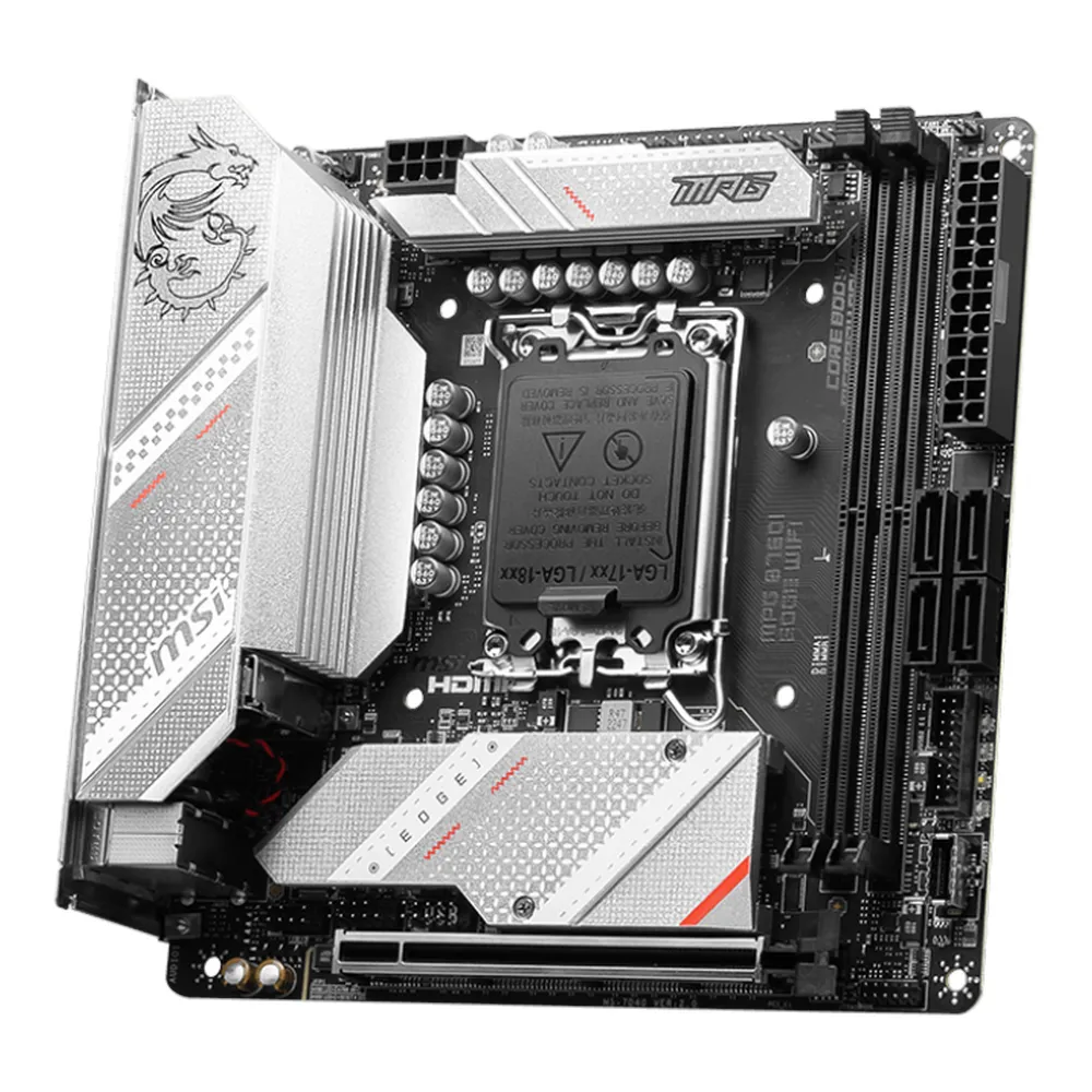 MSI MPG B760I EDGE WIFI Gaming Motherboard, LGA1700 Socket, Mini-ITX Form Factor, DDR5 Ram, PCIe 5.0, USB 10Gbps, HDMI, DP, Wi-Fi 6E, Bluetooth, Realtek 2.5Gb Ethernet, M.2 Shield Frozr, Extended Heatsink Design, 1 Year Warranty | 910-7D40-014