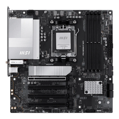 MSI PRO B850M-P WIFI Gaming Motherboard, AM5 Socket, mATX Form Factor, DDR5 Ram, PCIe 5.0, USB 10Gbps, HDMI, DP, Wi-Fi 7, Bluetooth, Realtek 5Gb Ethernet, M.2 Shield Frozr, Chipset Heatsink, 1 Year Warranty | 911-7E71-005