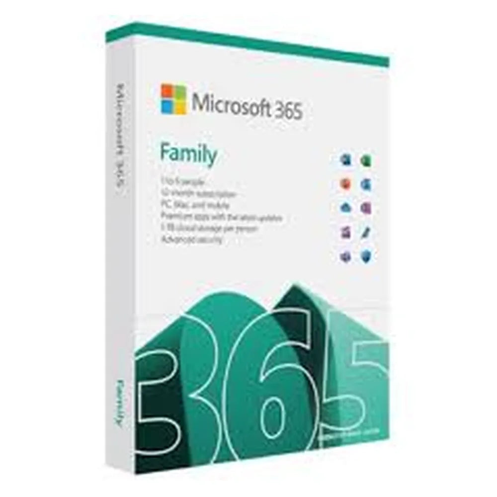 Microsoft 365 Family License, 6 x Users - 5 Devices Per User, Outlook, Word, Excel, PowerPoint, OneNote, OneDrive, Microsoft Defender, Clipchamp, Microsoft Designer, 1.6 GHz Processor, 4GB RAM, 4GB Storage, Electronic License | 6GQ-01899