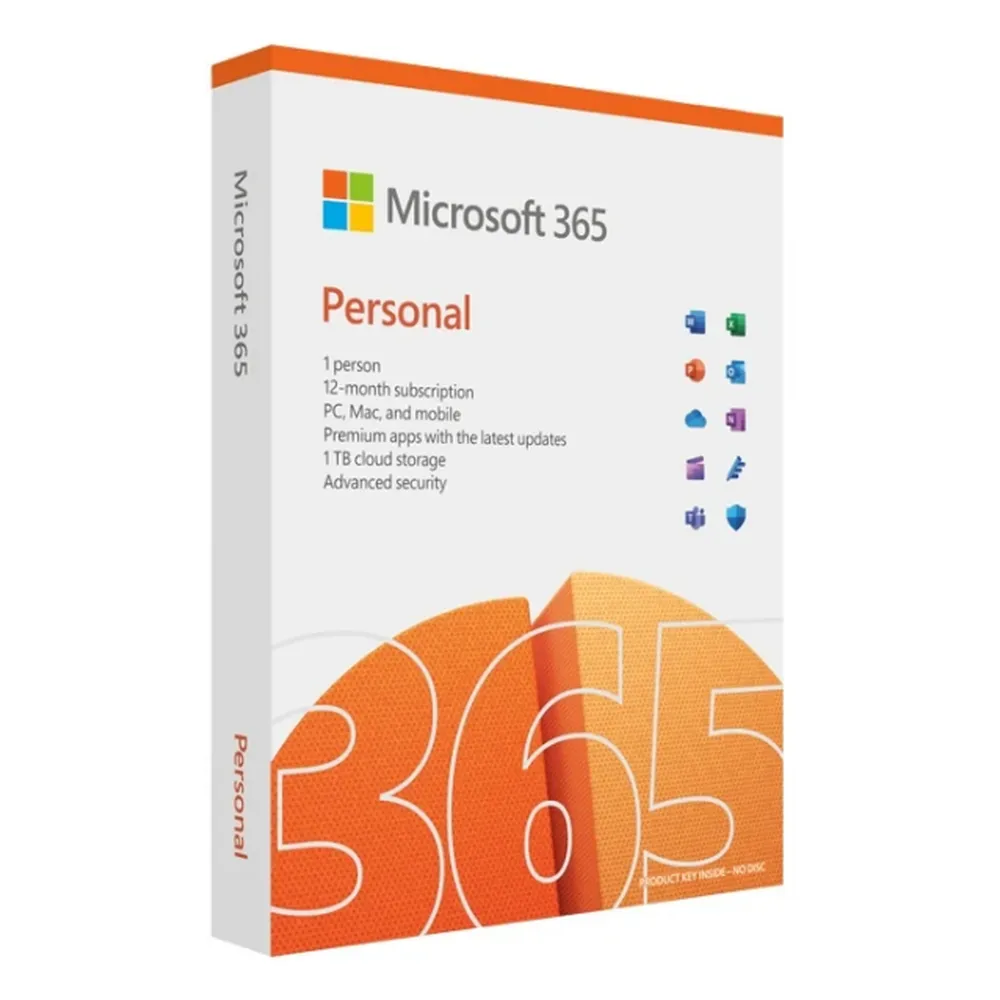 Microsoft 365 Personal License, 1 x User - 5 Devices Per User, Outlook, Word, Excel, PowerPoint, OneNote, OneDrive, Microsoft Defender, Clipchamp, Microsoft Designer, 1.6 GHz Processor, 4GB RAM, 4GB Storage, Electronic License | QQ2-01899