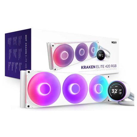 NZXT Kraken Elite 420 RGB Liquid AIO Cooler, 420mm Radiator, 2.72" LCD Display, ARGB Lighting, Copper Cold Plate & Aluminum Radiator, Supports Intel & AMD Sockets, F420 RGB Core Fans, White, 1 Year Warranty | RL-KR42E-W2