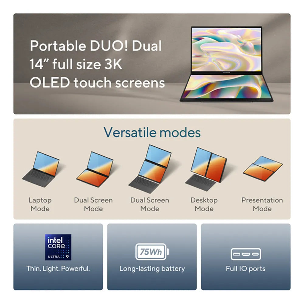 ASUS Zenbook Duo Intel Core Ultra 9 285H Processor, 32 GB RAM, 2TB PCIE G4 SSD, 14" OLED Touch Display, Windows 11 Home, English & Arabic Keyboard, GRAY, 1 Year Warranty | UX8406CA-PZ005W