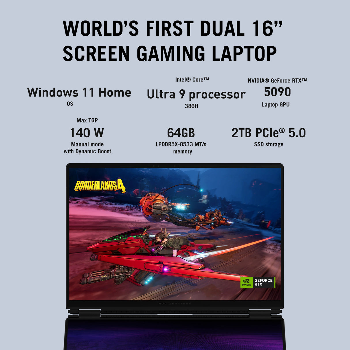 Asus ROG Zephyrus Duo 16 Laptop, Intel Core Ultra 9 386H Processor, 64GB RAM, 2TB SSD, RTX 5090 24GB Graphics, Dual 16" 3K OLED 120Hz Touch Displays, Windows 11 Home, 1-Zone RGB English & Arabic Keyboard, ROG Backpack, 1 Year Warranty | GX651AX-SR014W